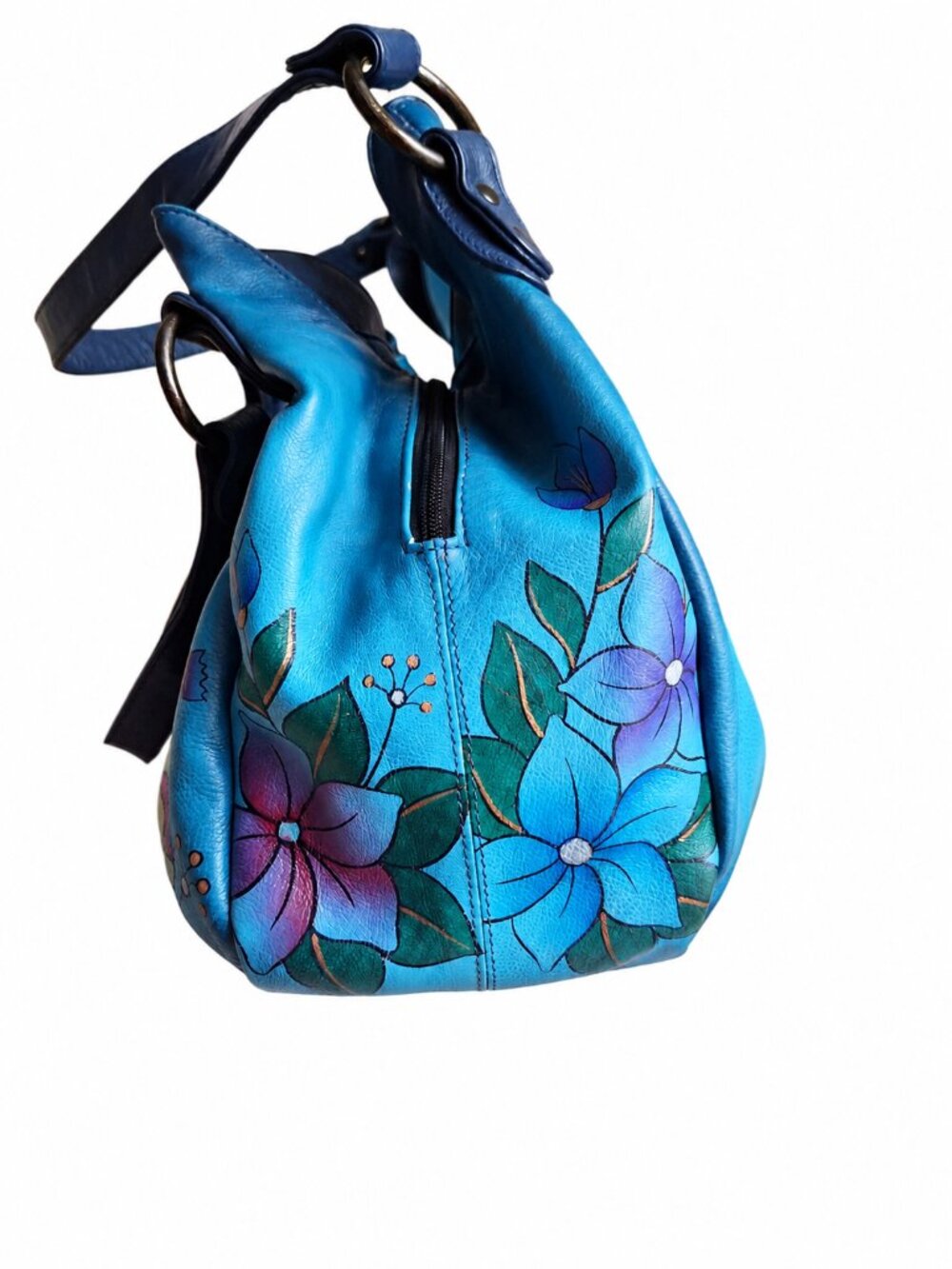 Anuschka Artsy Hand Painted Leather Hobo Floral Butterfly Blue Purse + Pouch - Picture 3 of 10